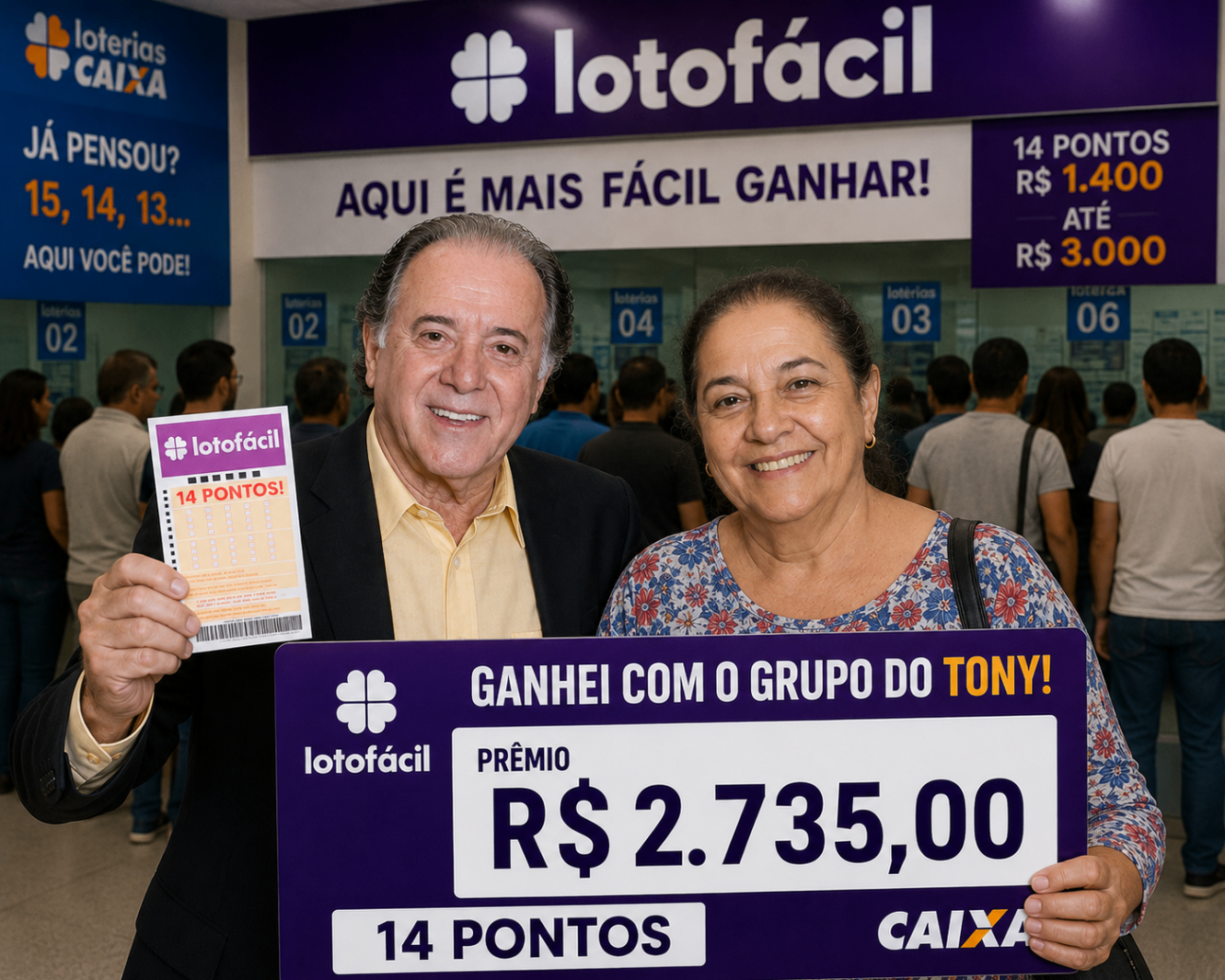 Cliente satisfeita com Tony mostrando prêmio de 14 pontos