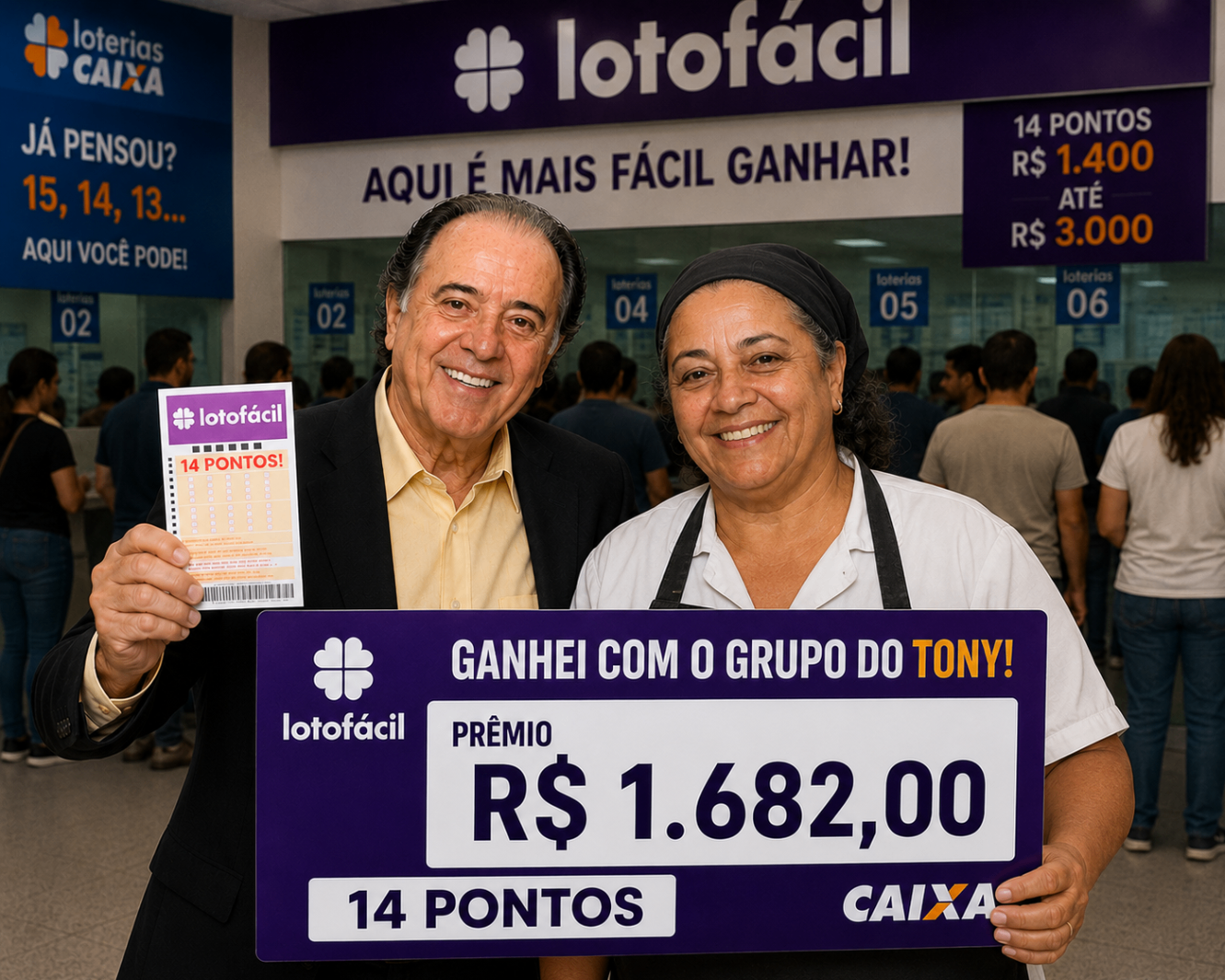 Testemunho de cliente mostrando prêmio de 14 pontos da Loto Fácil