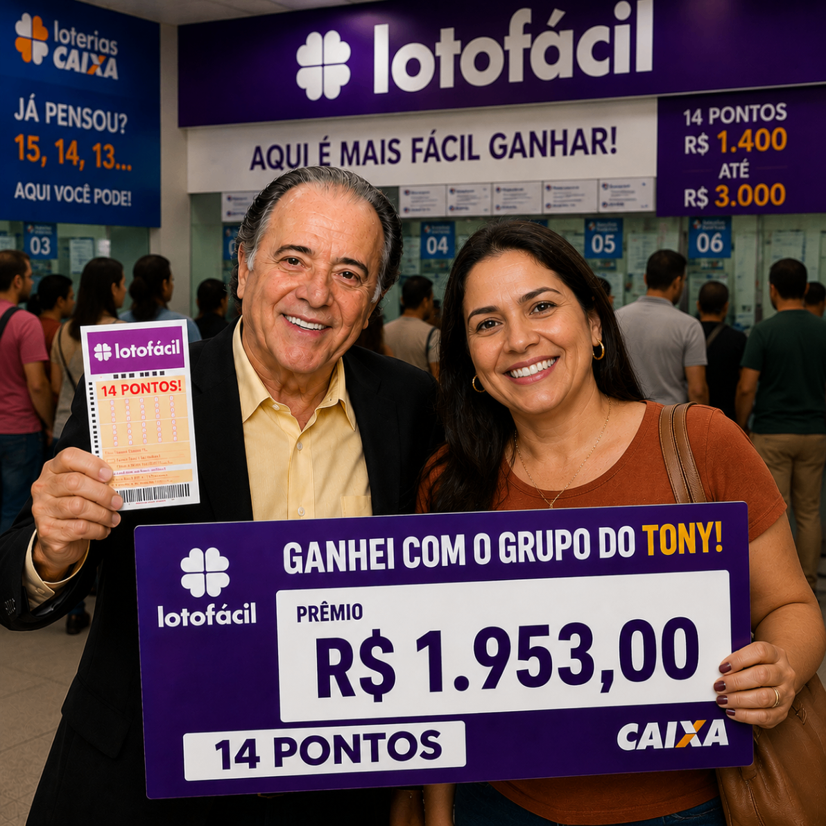 Ganhadora da Loto Fácil com Tony exibindo prêmio de 14 pontos