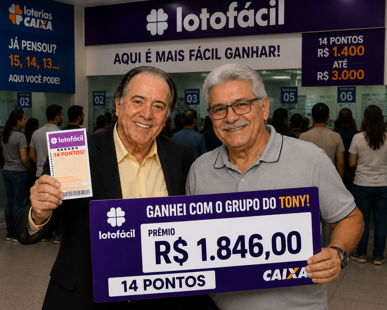 Depoimento visual de ganhador com placa de prêmio de 14 pontos