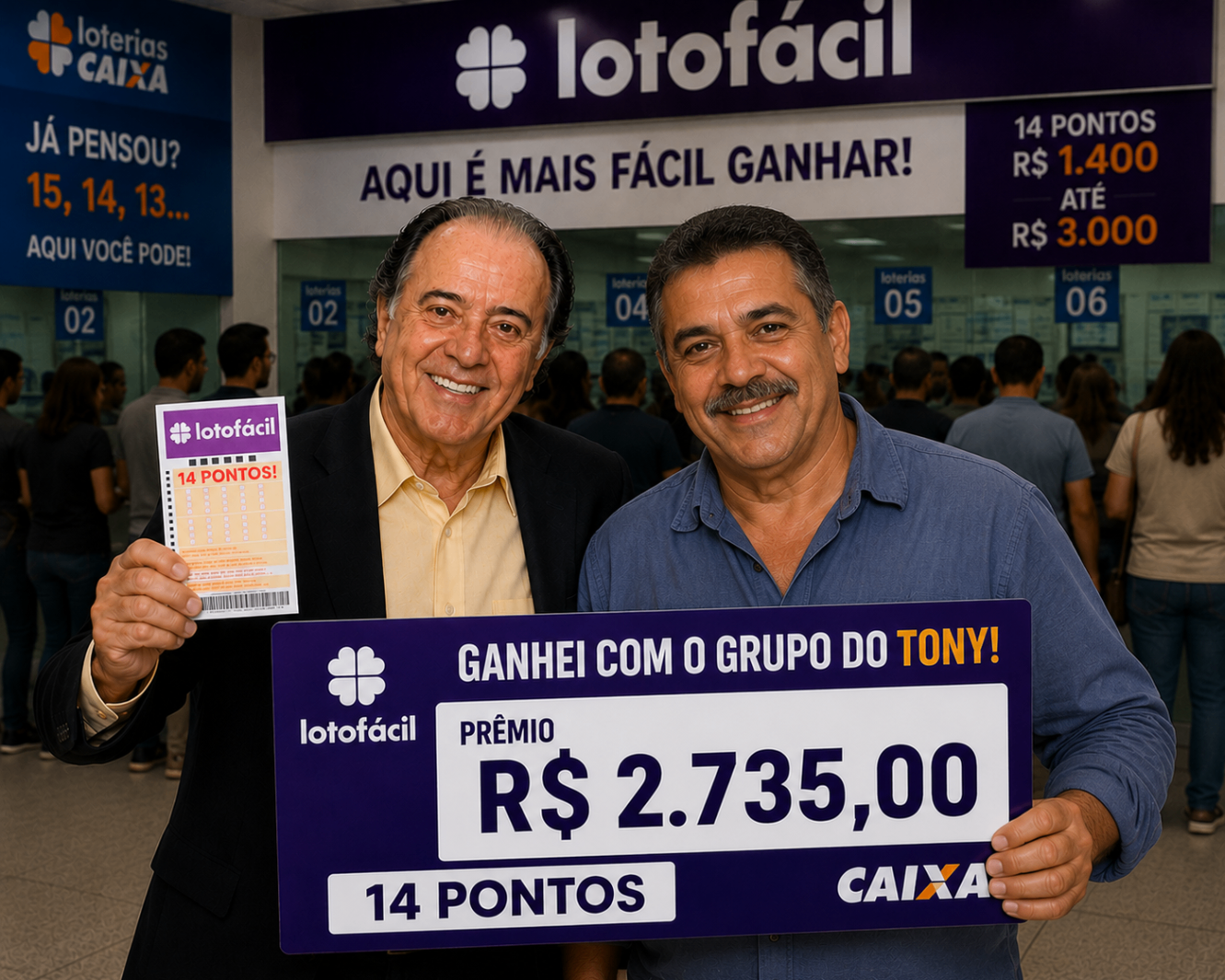 Testemunho de ganhador com Tony segurando placa de prêmio de 14 pontos