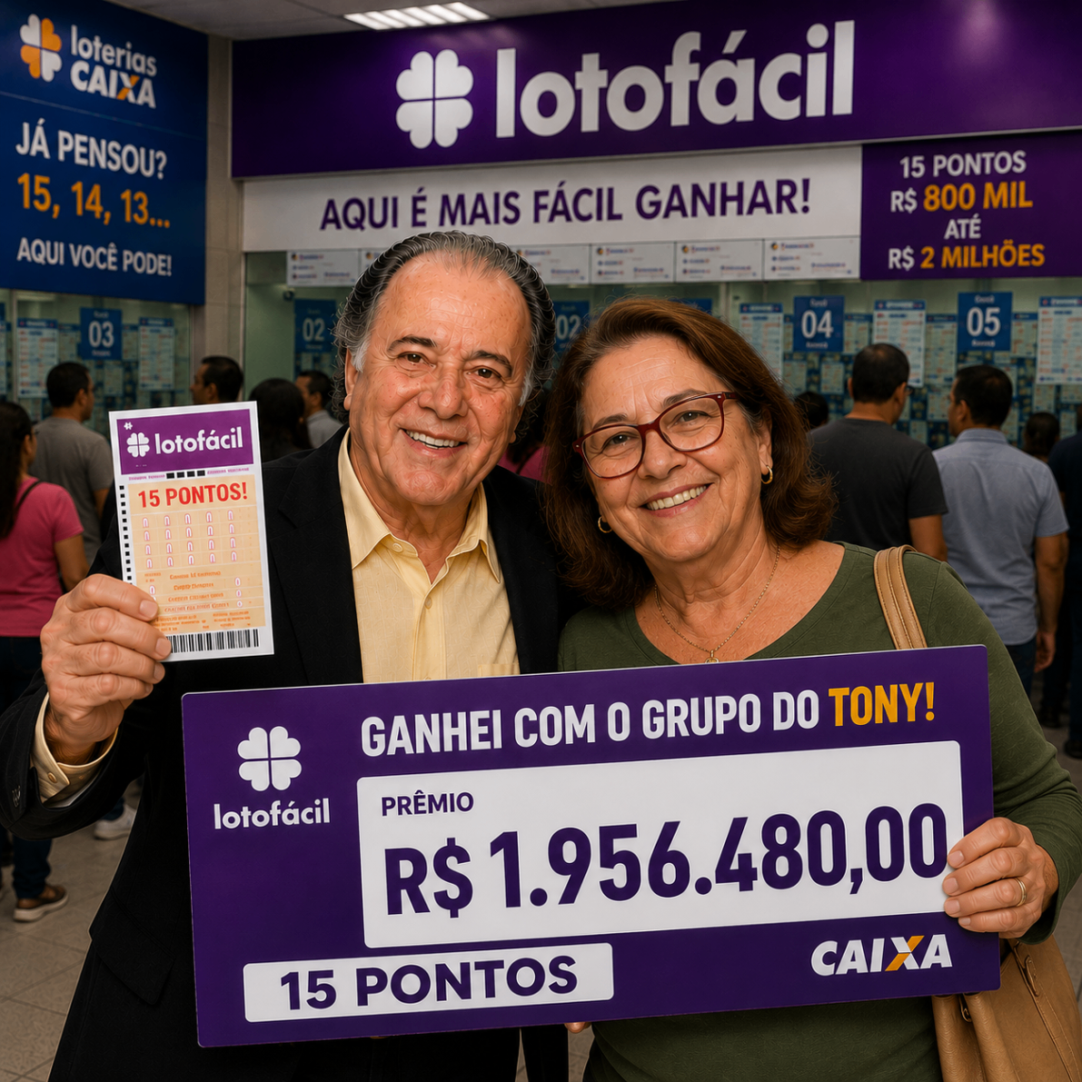 Cliente exibindo prêmio de 15 pontos com Tony